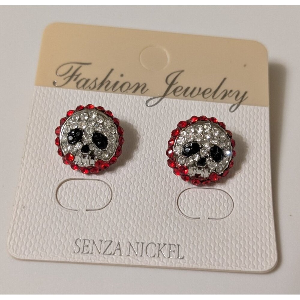 Skull Earrings Red Accent Stones Halloween Dia De Los Muertos